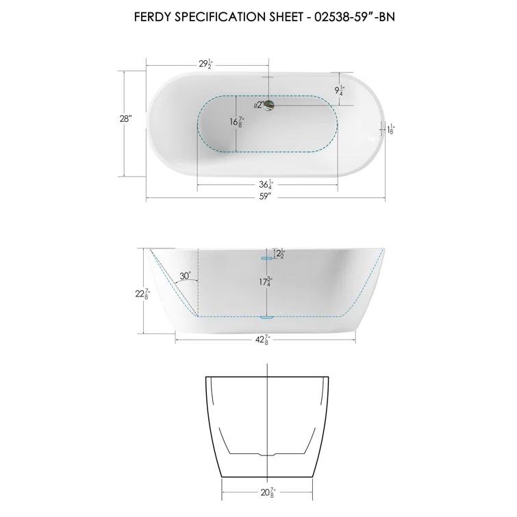 FerdY FerdY-02538-1500-BN Bali Freestanding Soaking Acrylic Bathtub with Brushed Nickel Drain