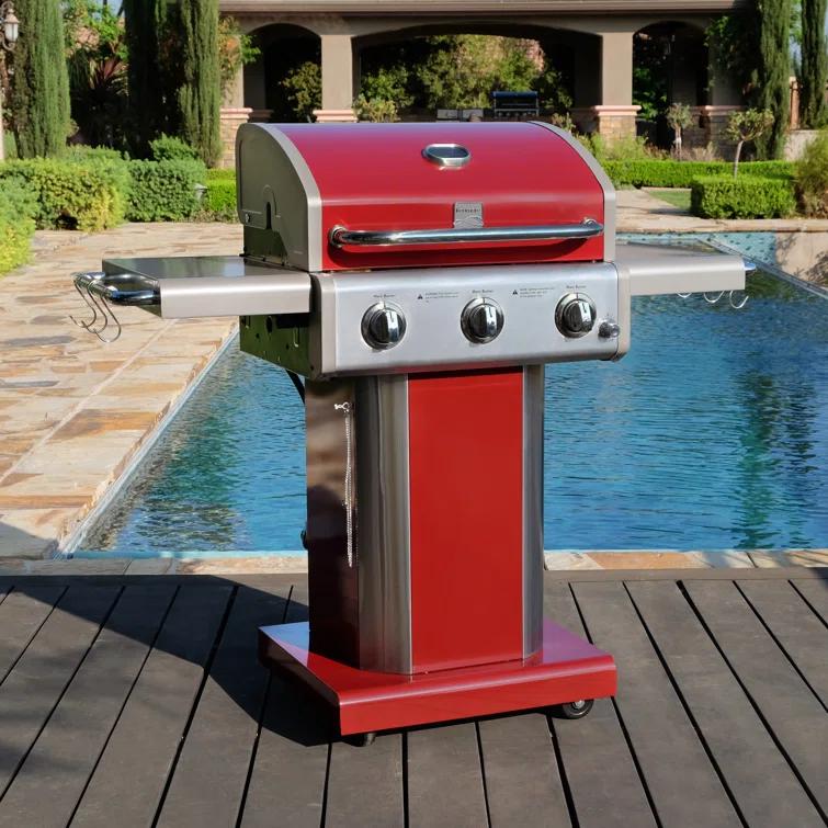 Kenmore 3-Burner Propane Gas Grill with Foldable Side Tables for Outdoor BBQ