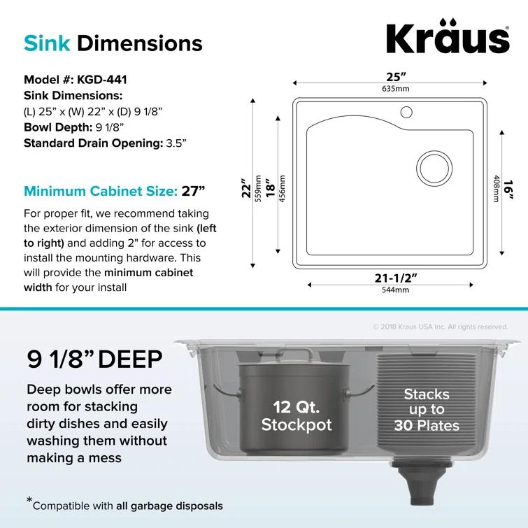 KRAUS Quarza™ 25" L Dual Mount Single Bowl Granite Kitchen Sink and Strainer