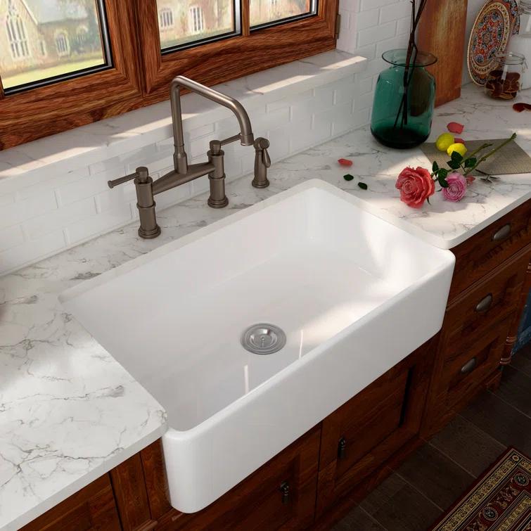 33" L x 20" W Fireclay Farmhouse Kitchen Sink with Sink Grid and Basket Strainer