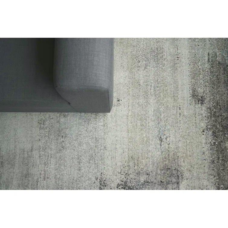 Hand-Knotted Ivory and Dark Gray Silk Abstract Rug