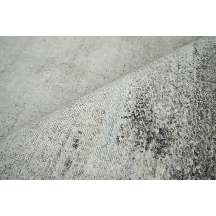 Hand-Knotted Ivory and Dark Gray Silk Abstract Rug
