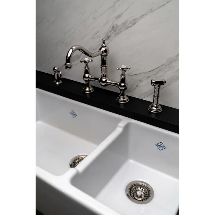 Shaws RC4019WH Lancaster 40" Double Bowl Farmhouse Apron Front Fireclay Kitchen Sink
