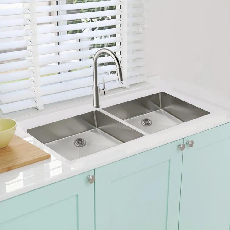 Sinber 32" x 19" Undermount Double Bowl Kitchen Sink with 18 Gauge 304 Stainless Steel Satin Finish
