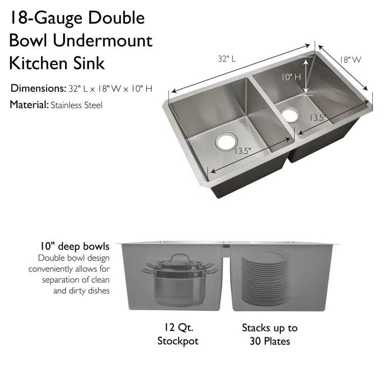 Sinber 32" x 19" Undermount Double Bowl Kitchen Sink with 18 Gauge 304 Stainless Steel Satin Finish