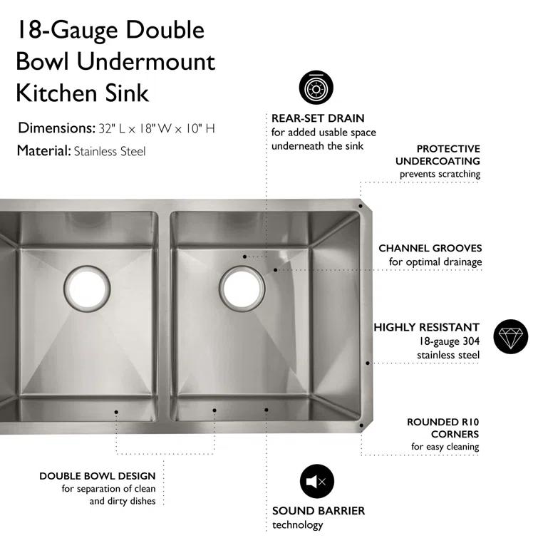 Sinber 32" x 19" Undermount Double Bowl Kitchen Sink with 18 Gauge 304 Stainless Steel Satin Finish