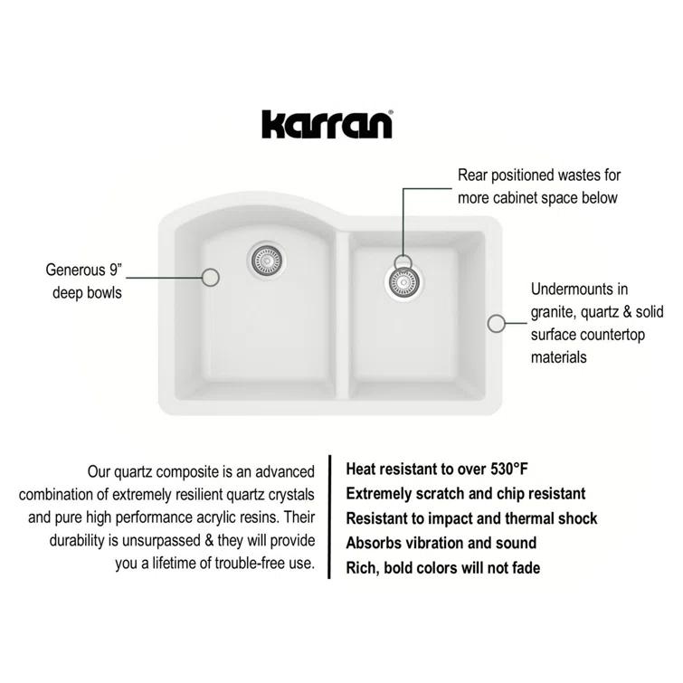 Karran Undermount Quartz Composite 32'' X 21'' 60/40 Double Bowl Kitchen Sink