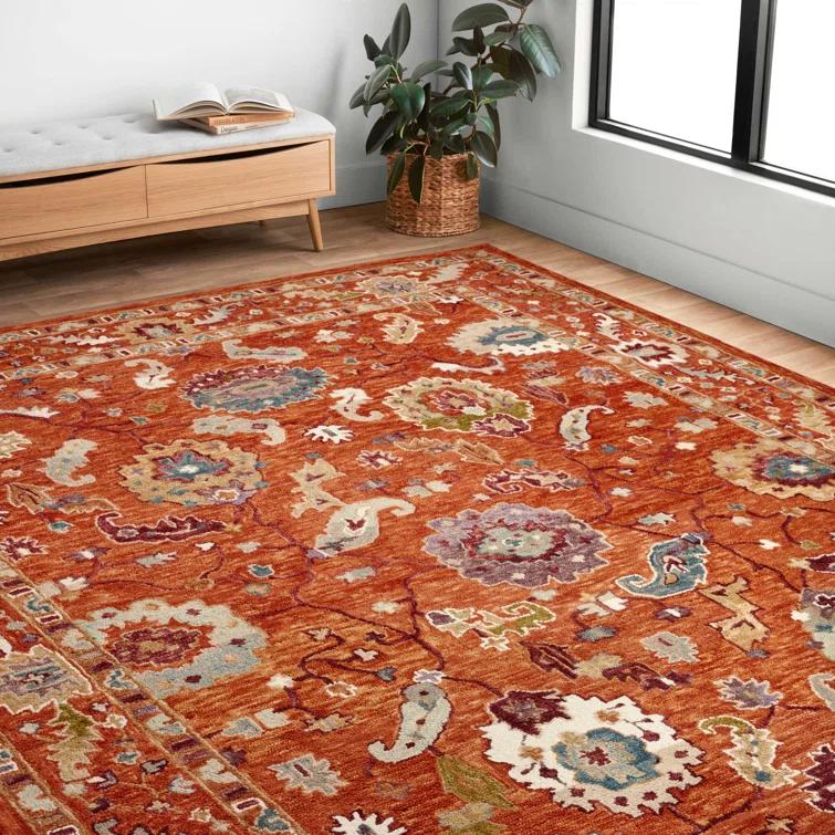 Fierros Floral Hand-Hooked Wool Orange Rug