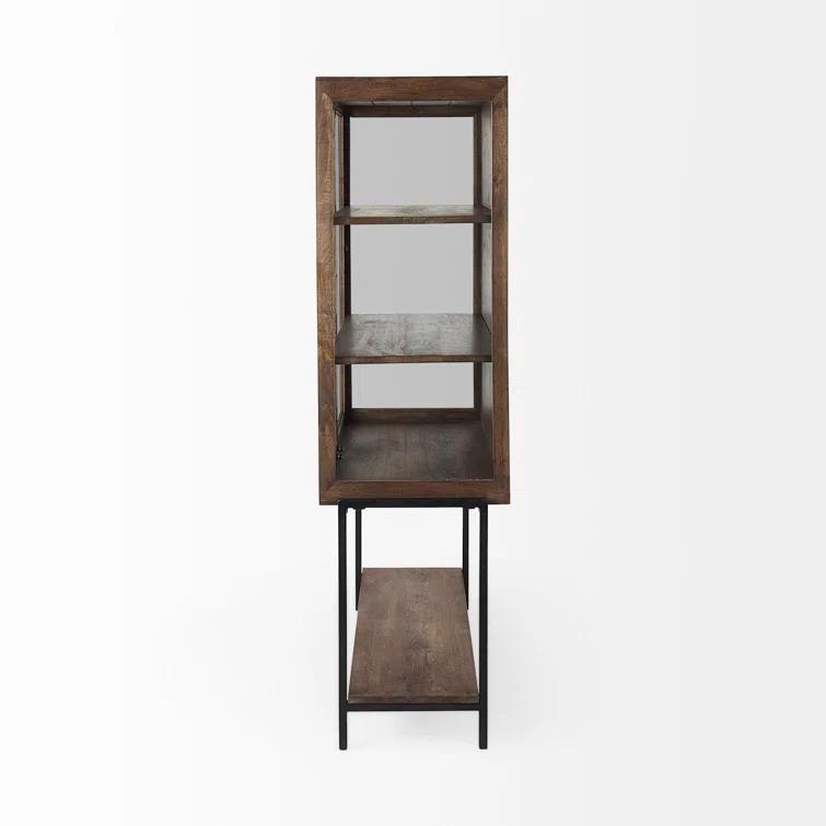 Medium Brown Mango Wood and Black Iron Curio Cabinet