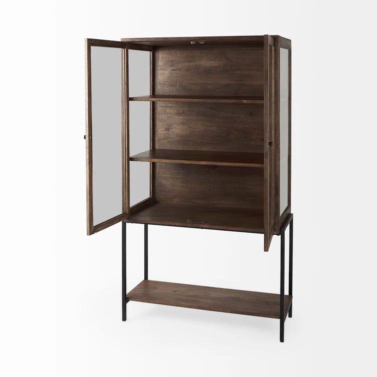 Medium Brown Mango Wood and Black Iron Curio Cabinet