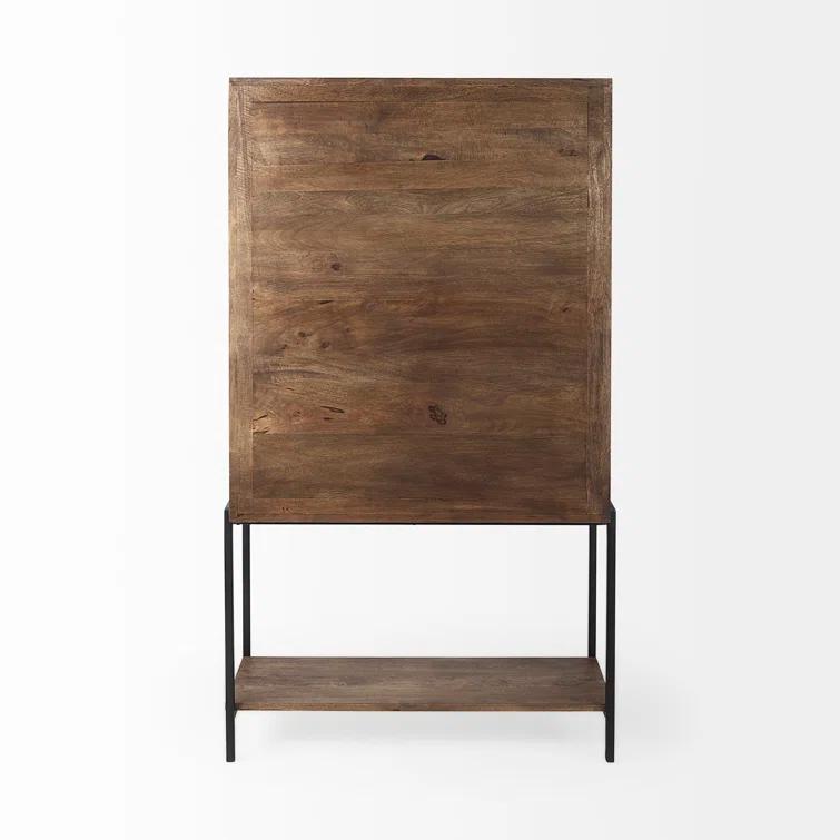 Medium Brown Mango Wood and Black Iron Curio Cabinet