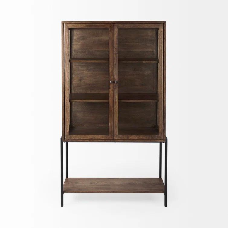 Medium Brown Mango Wood and Black Iron Curio Cabinet
