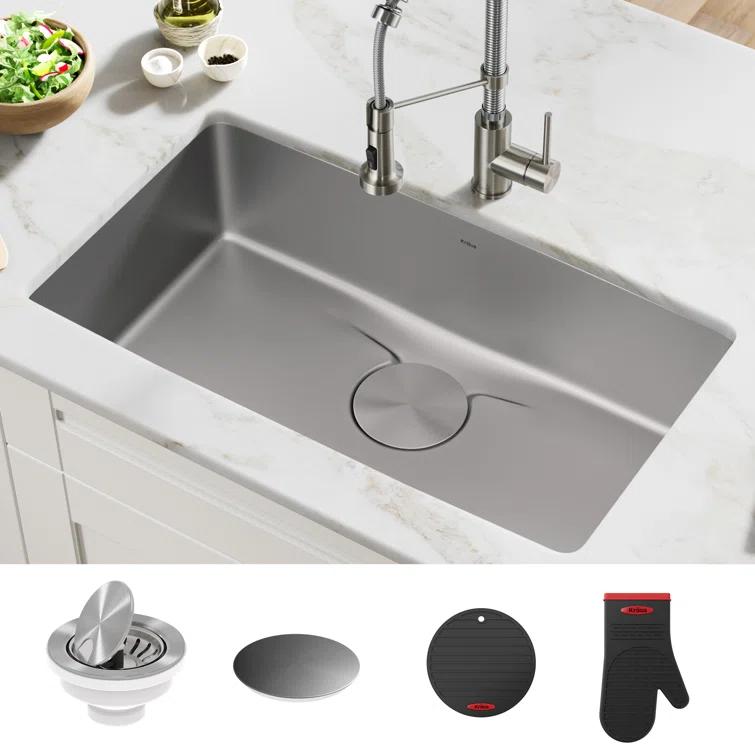 Kraus KD1US33B Dex™️ Series KRAUS 33" L Undermount 16 Gauge Stainless Steel Single Bowl Kitchen Sink