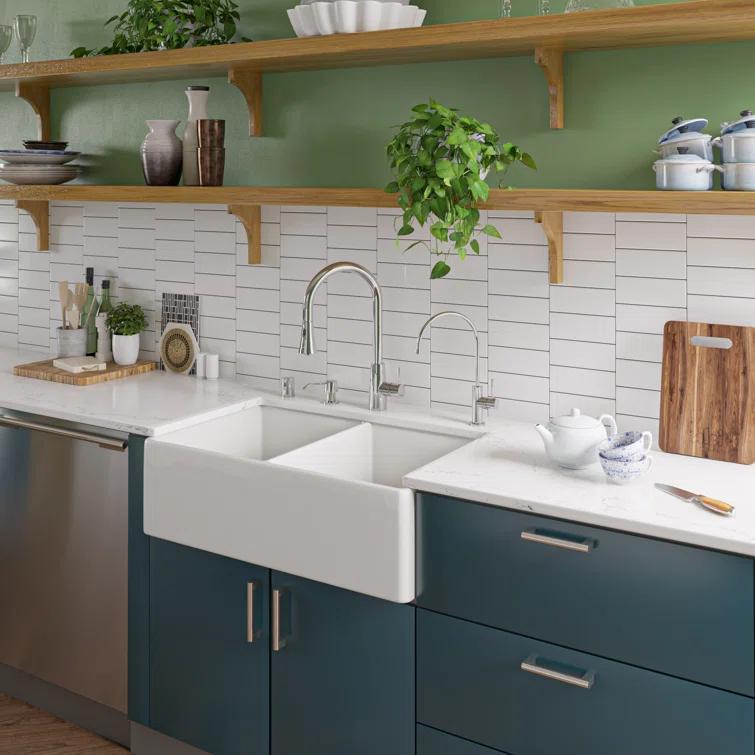 32.75'' L Farmhouse / Apron Double Bowl Fireclay Kitchen Sink