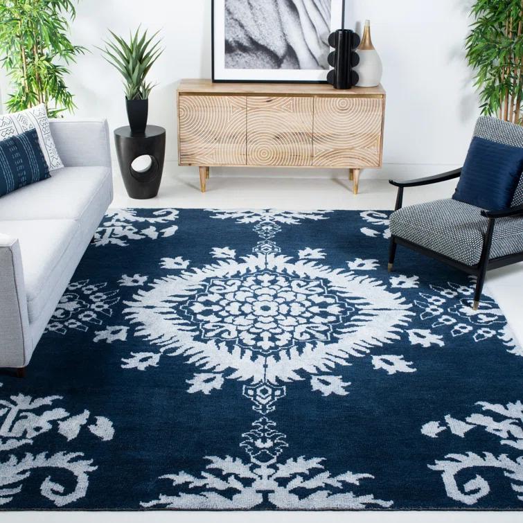Stone Wash Hand Knotted Wool/Viscose/Cotton Ikat Rug in Indigo