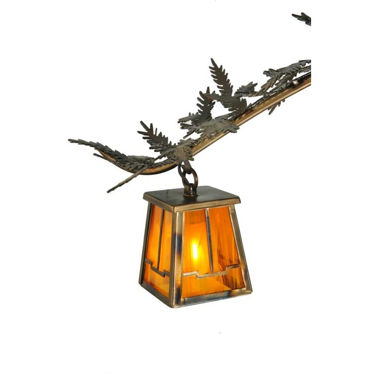 Rustic Pine Branch 12-Light Chandelier with Honey Art Glass and Antique Copper Finish