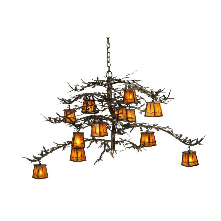 Rustic Pine Branch 12-Light Chandelier with Honey Art Glass and Antique Copper Finish