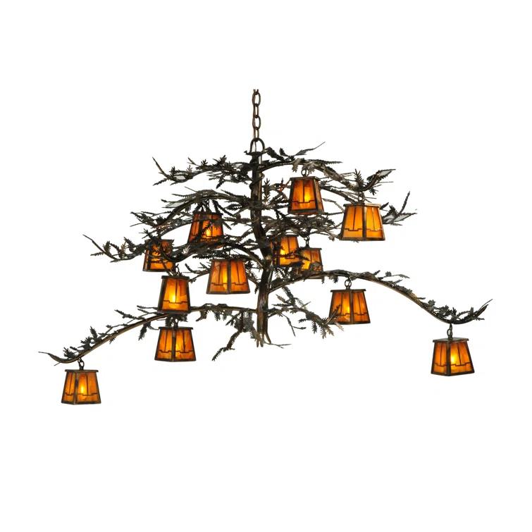 Rustic Pine Branch 12-Light Chandelier with Honey Art Glass and Antique Copper Finish