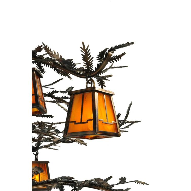 Rustic Pine Branch 12-Light Chandelier with Honey Art Glass and Antique Copper Finish