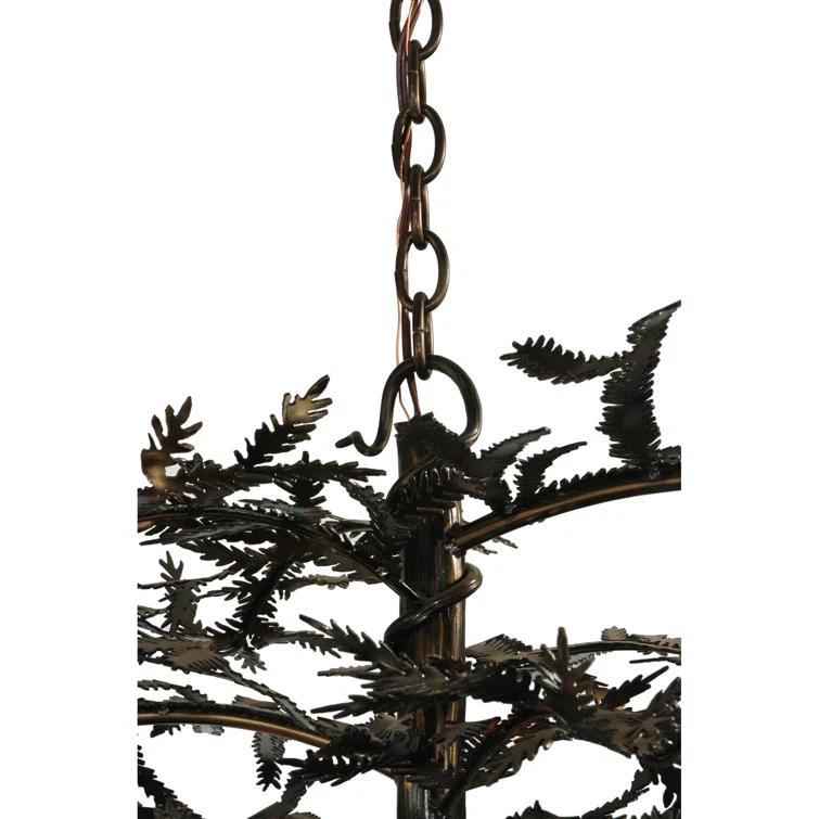 Rustic Pine Branch 12-Light Chandelier with Honey Art Glass and Antique Copper Finish