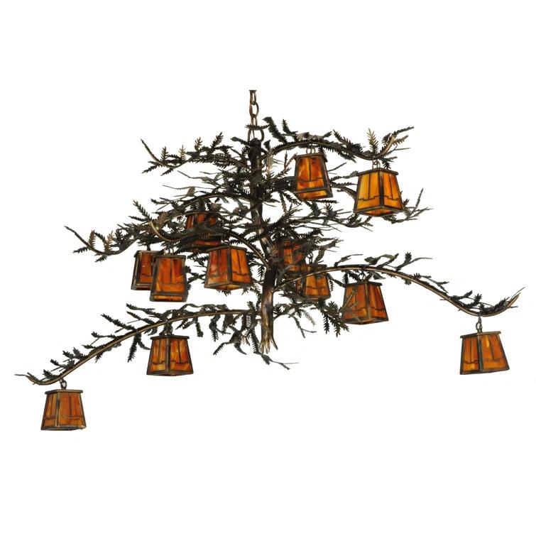 Rustic Pine Branch 12-Light Chandelier with Honey Art Glass and Antique Copper Finish