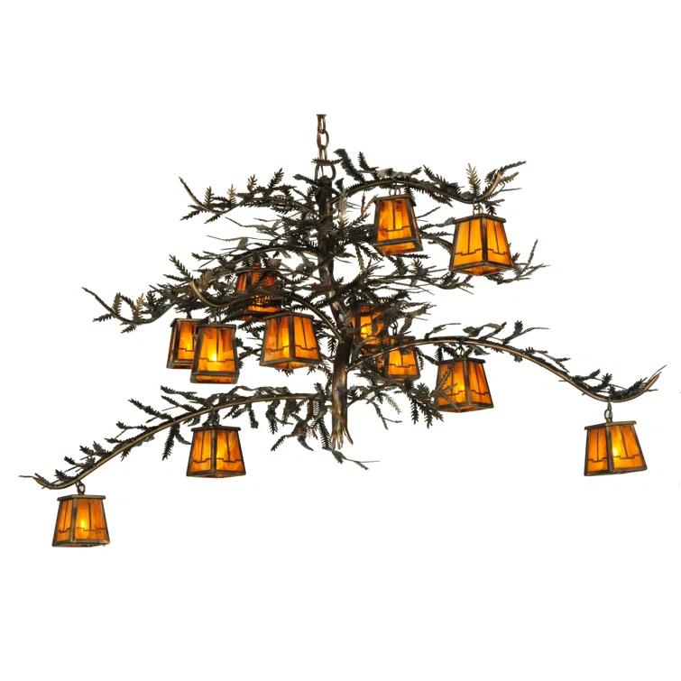 Rustic Pine Branch 12-Light Chandelier with Honey Art Glass and Antique Copper Finish