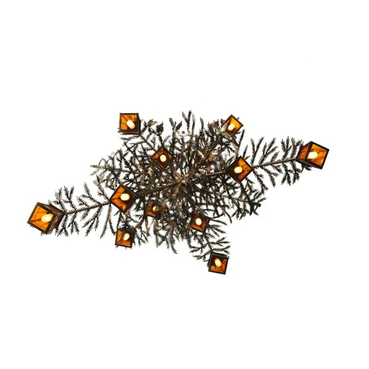 Rustic Pine Branch 12-Light Chandelier with Honey Art Glass and Antique Copper Finish
