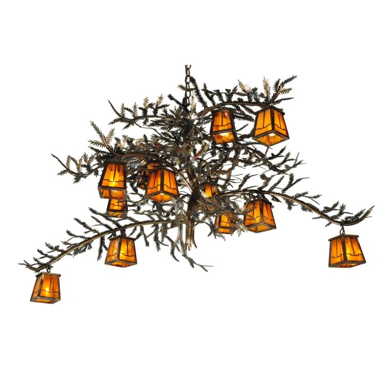 Rustic Pine Branch 12-Light Chandelier with Honey Art Glass and Antique Copper Finish
