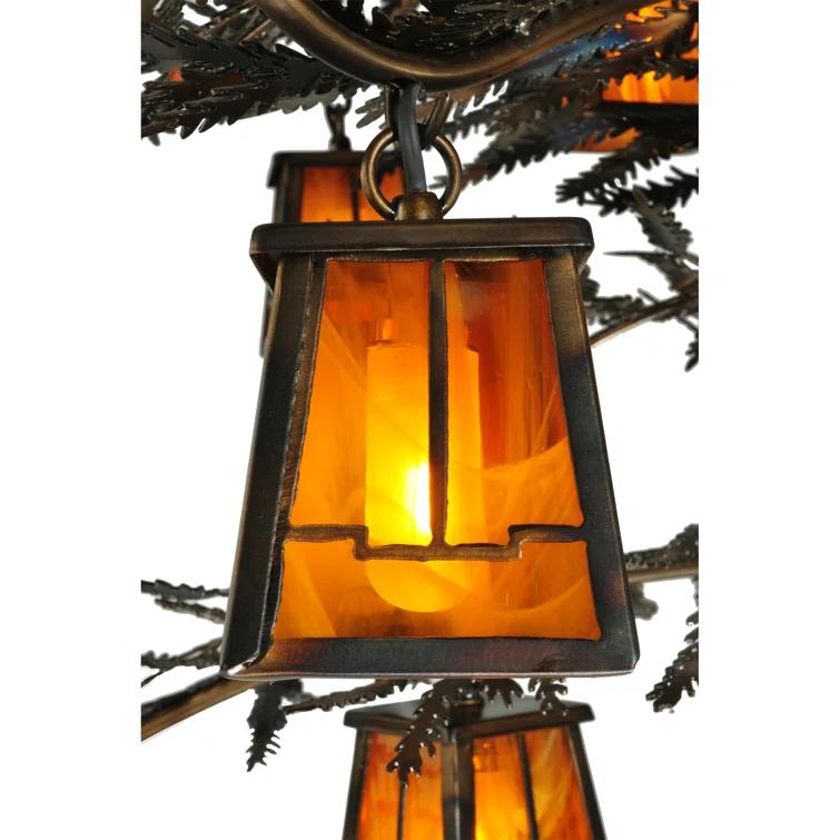 Rustic Pine Branch 12-Light Chandelier with Honey Art Glass and Antique Copper Finish
