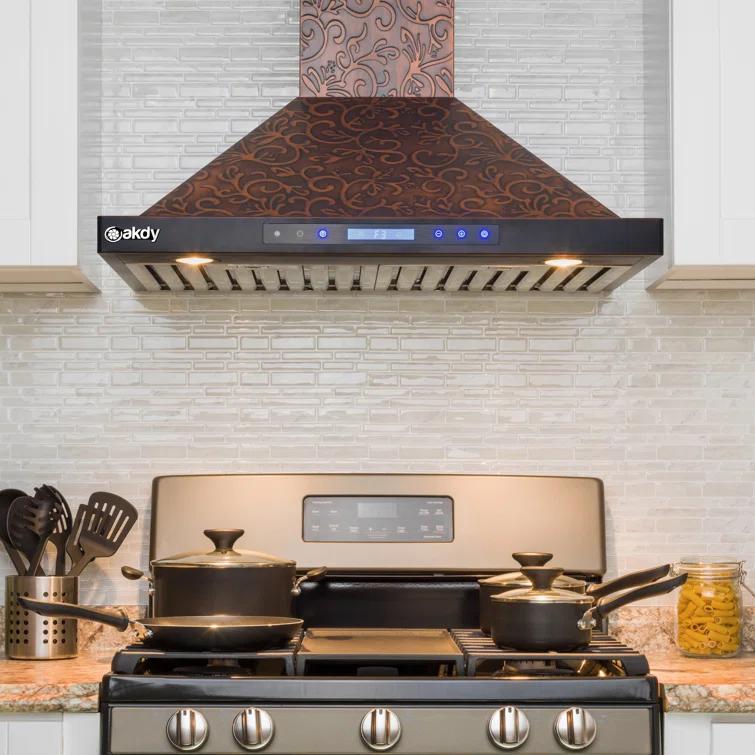 30-Inch Convertible Wall Mount Range Hood with Embossed Copper Vine Design, 343 CFM, 4 Fan Speeds, Touch Panel Controls, LED Lighting and Remote Control