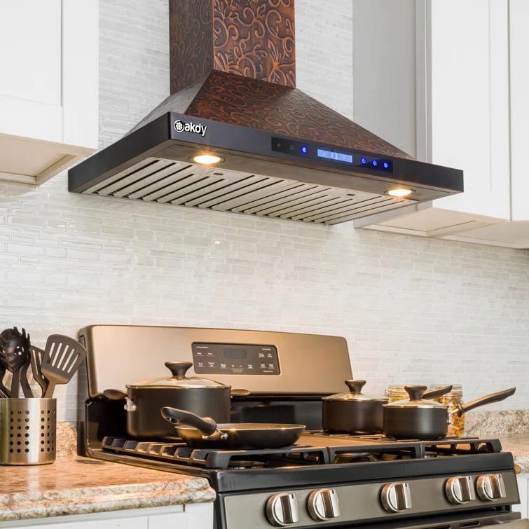 30-Inch Convertible Wall Mount Range Hood with Embossed Copper Vine Design, 343 CFM, 4 Fan Speeds, Touch Panel Controls, LED Lighting and Remote Control