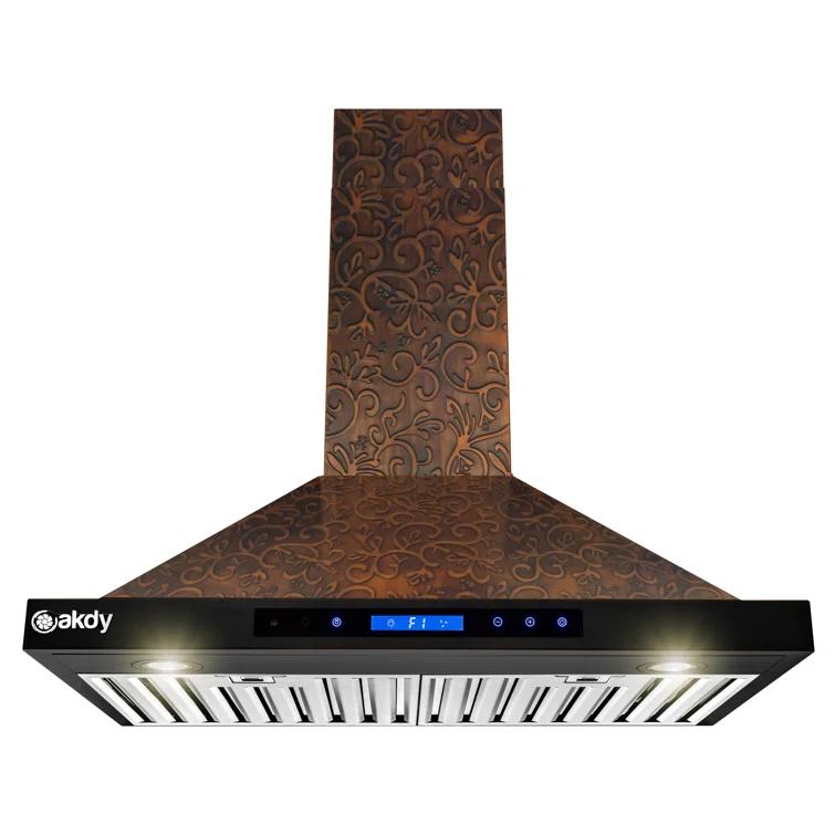 30-Inch Convertible Wall Mount Range Hood with Embossed Copper Vine Design, 343 CFM, 4 Fan Speeds, Touch Panel Controls, LED Lighting and Remote Control