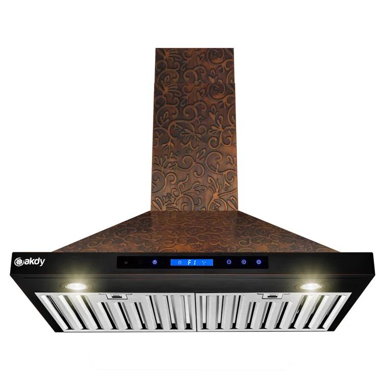 30-Inch Convertible Wall Mount Range Hood with Embossed Copper Vine Design, 343 CFM, 4 Fan Speeds, Touch Panel Controls, LED Lighting and Remote Control