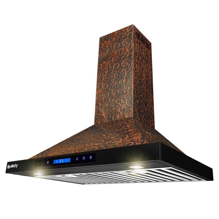 30-Inch Convertible Wall Mount Range Hood with Embossed Copper Vine Design, 343 CFM, 4 Fan Speeds, Touch Panel Controls, LED Lighting and Remote Control