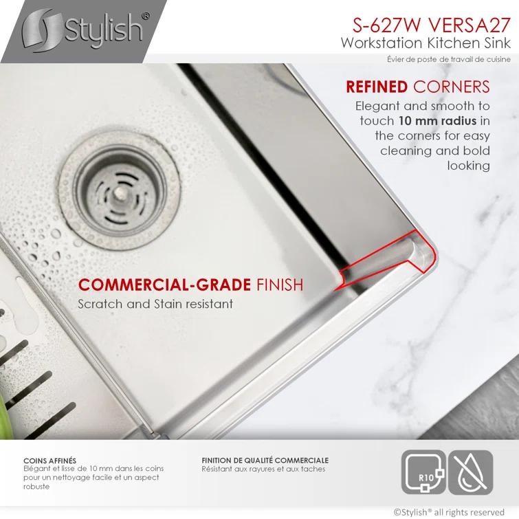 Versa STYLISH 27 inch Workstation Single Bowl Undermount 16G Kitchen Sink with Built in Accessories