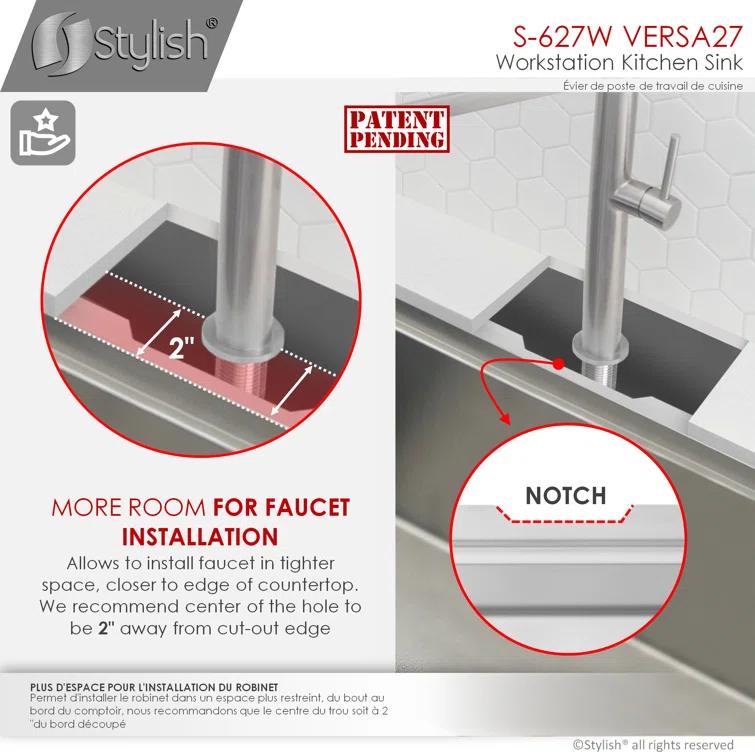 Versa STYLISH 27 inch Workstation Single Bowl Undermount 16G Kitchen Sink with Built in Accessories