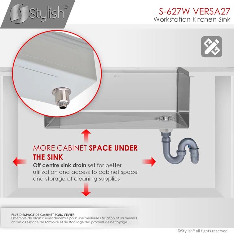 Versa STYLISH 27 inch Workstation Single Bowl Undermount 16G Kitchen Sink with Built in Accessories