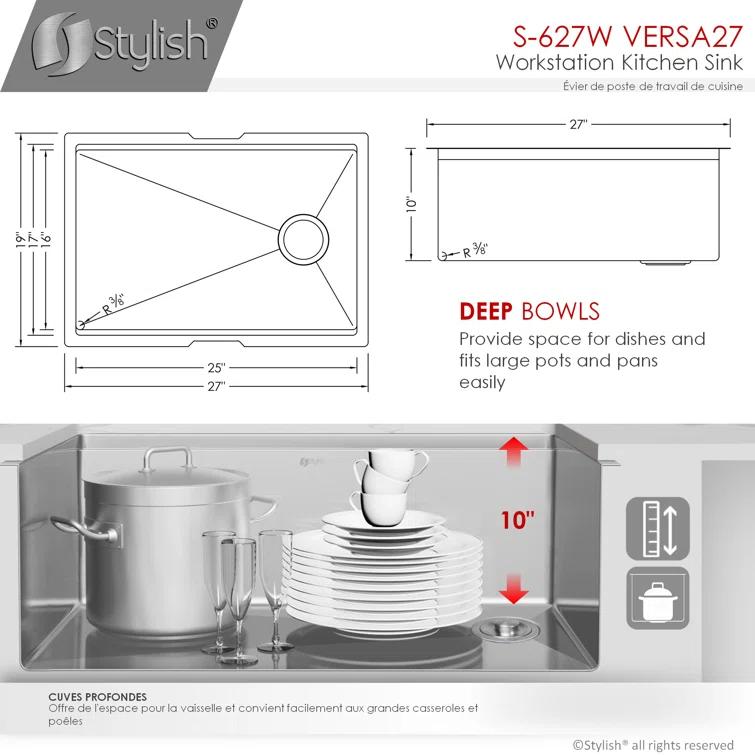 Versa STYLISH 27 inch Workstation Single Bowl Undermount 16G Kitchen Sink with Built in Accessories