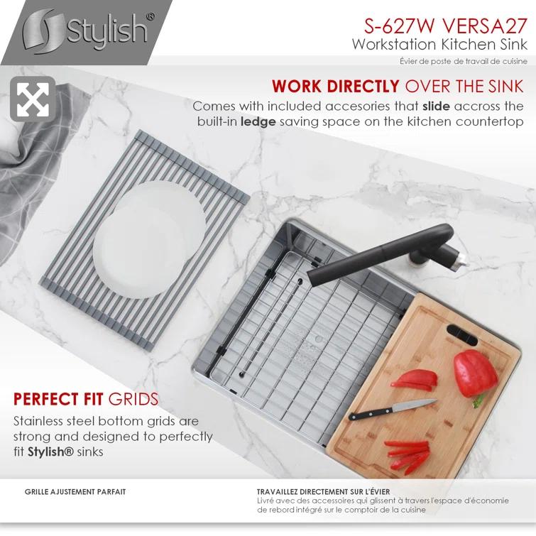 Versa STYLISH 27 inch Workstation Single Bowl Undermount 16G Kitchen Sink with Built in Accessories