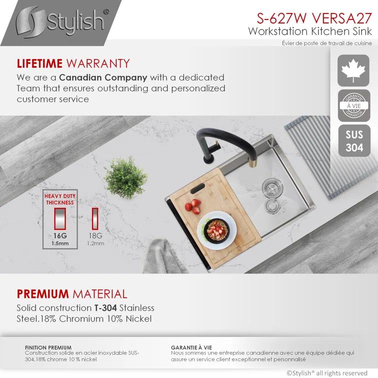 Versa STYLISH 27 inch Workstation Single Bowl Undermount 16G Kitchen Sink with Built in Accessories