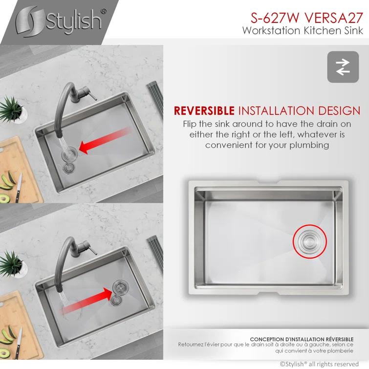 Versa STYLISH 27 inch Workstation Single Bowl Undermount 16G Kitchen Sink with Built in Accessories