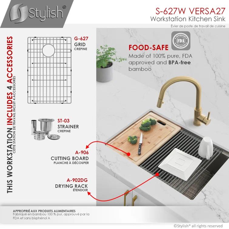 Versa STYLISH 27 inch Workstation Single Bowl Undermount 16G Kitchen Sink with Built in Accessories