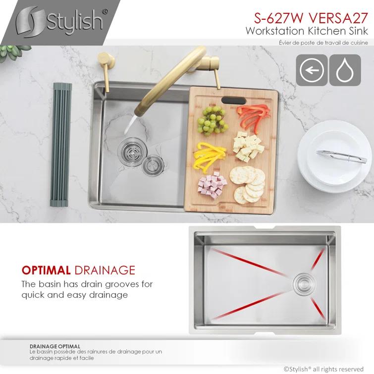 Versa STYLISH 27 inch Workstation Single Bowl Undermount 16G Kitchen Sink with Built in Accessories