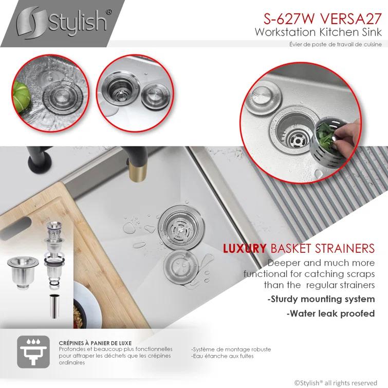 Versa STYLISH 27 inch Workstation Single Bowl Undermount 16G Kitchen Sink with Built in Accessories