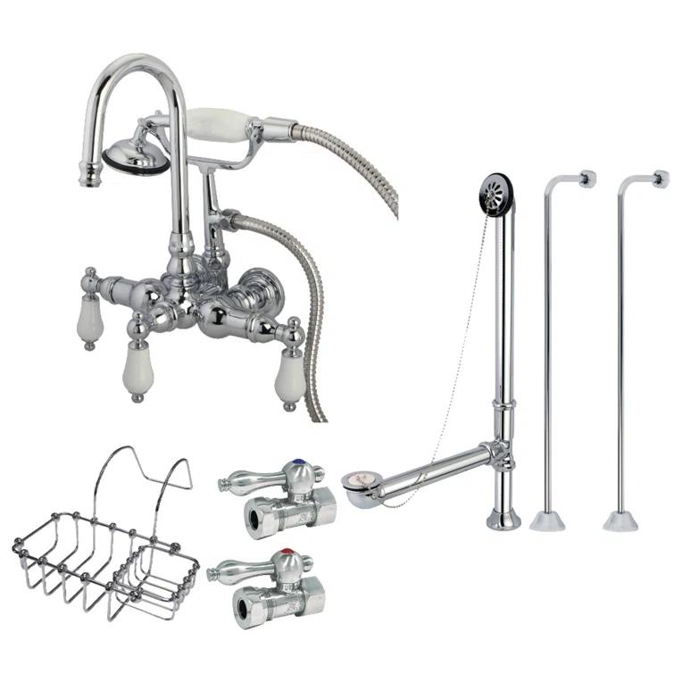 Kingston Brass Vintage Five-Handle 2-Hole Tub Wall Mount Clawfoot Tub Faucet Package with Supply Line, Hand Shower and Tub Drain