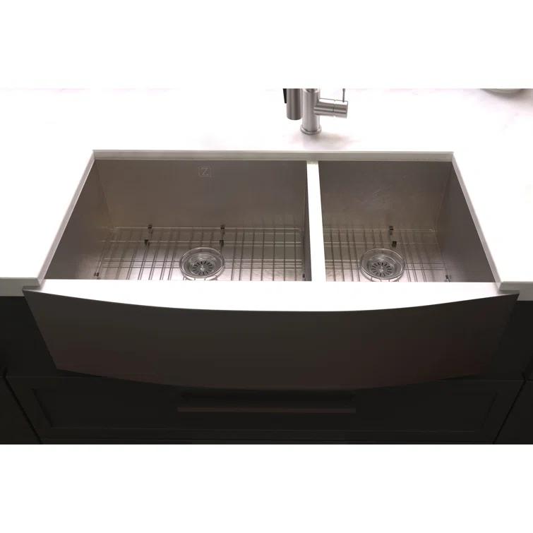 ZLINE 36 in. Courchevel Farmhouse Apron Mount Double Bowl DuraSnow Stainless Steel Kitchen Sink W/ Bottom Grid (SA60D-36S)