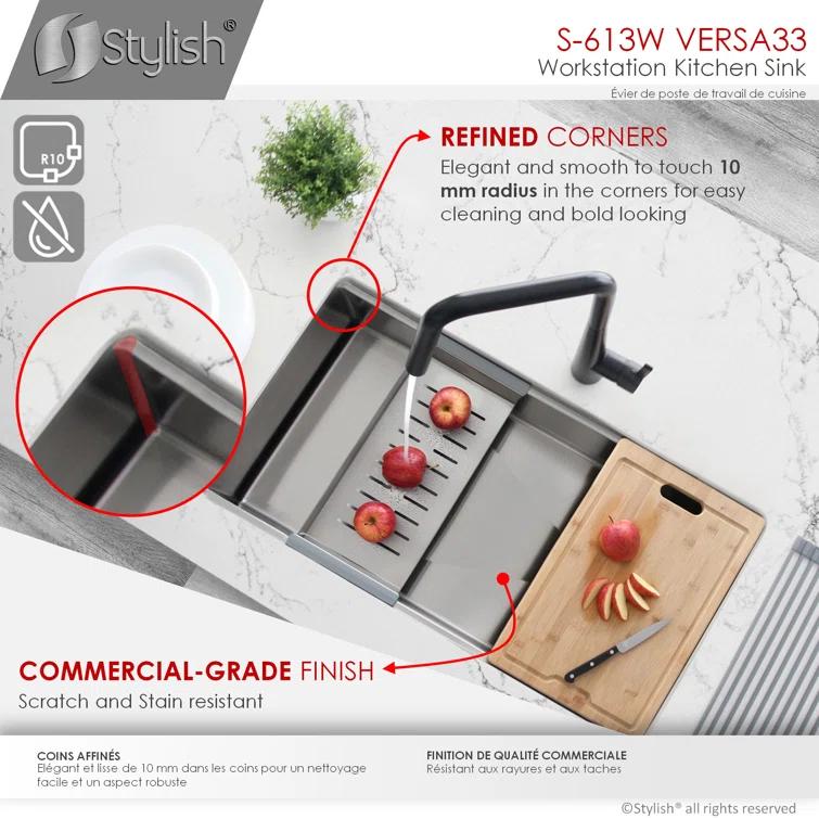 Versa STYLISH 33 inch Workstation Single Bowl Undermount 16G Kitchen Sink with Built in Accessories