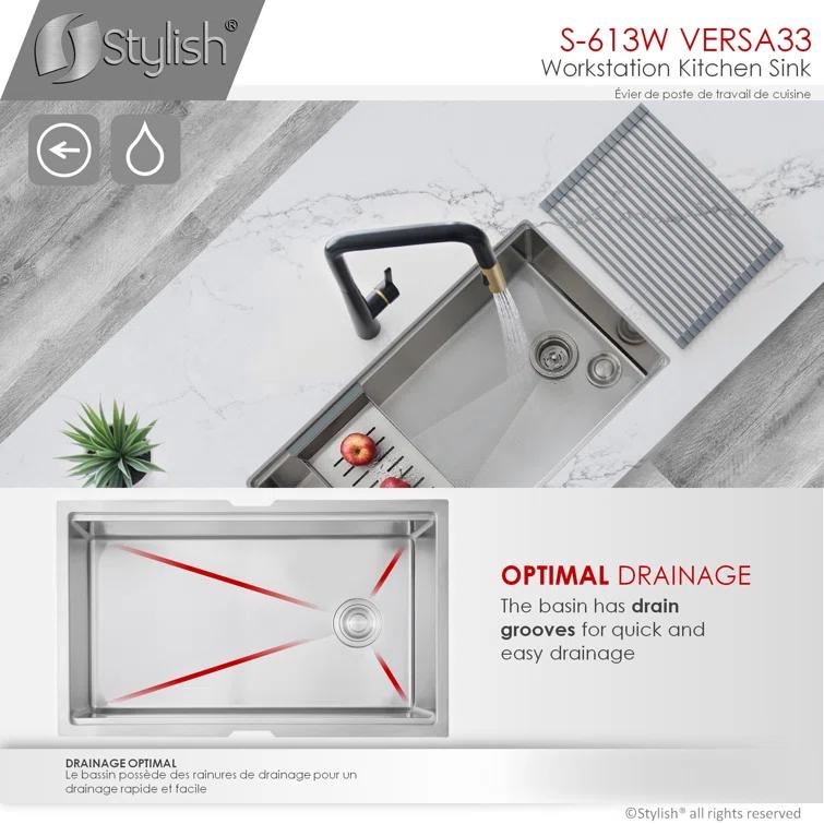 Versa STYLISH 33 inch Workstation Single Bowl Undermount 16G Kitchen Sink with Built in Accessories