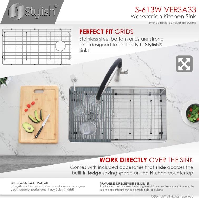 Versa STYLISH 33 inch Workstation Single Bowl Undermount 16G Kitchen Sink with Built in Accessories
