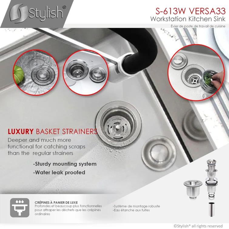 Versa STYLISH 33 inch Workstation Single Bowl Undermount 16G Kitchen Sink with Built in Accessories
